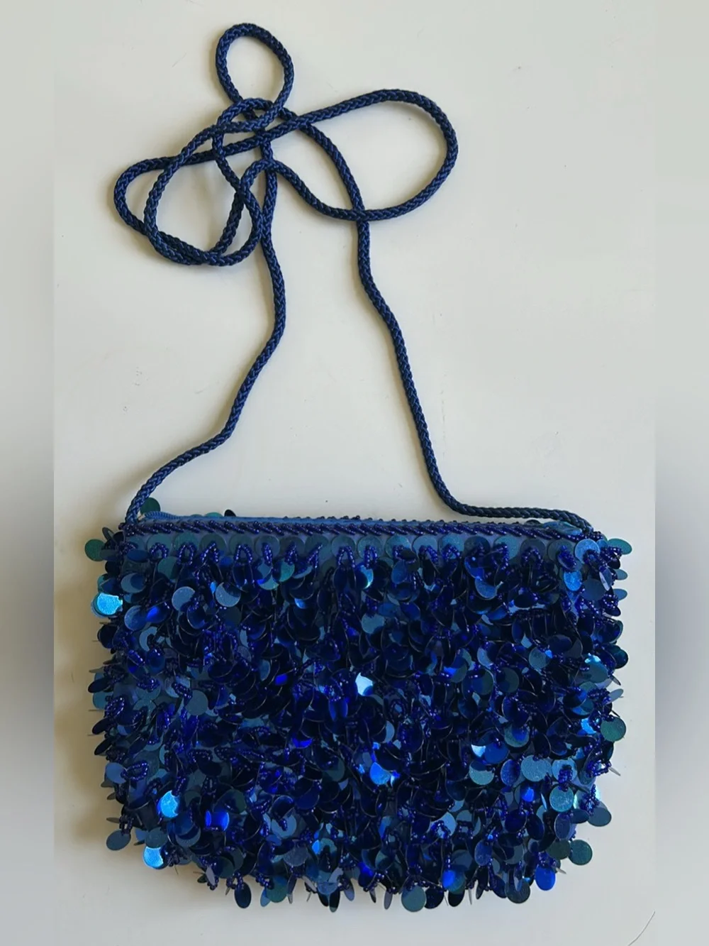 Blue Sequin Evening Clutch with Braided Strap
